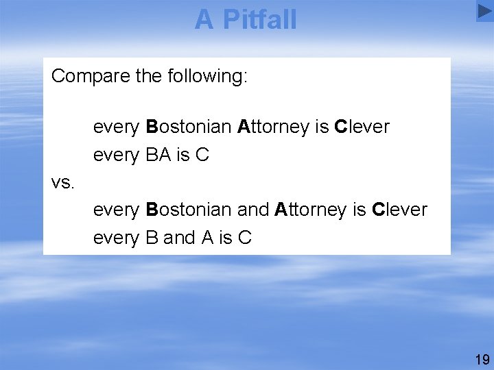 A Pitfall Compare the following: every Bostonian Attorney is Clevery BA is C vs.
