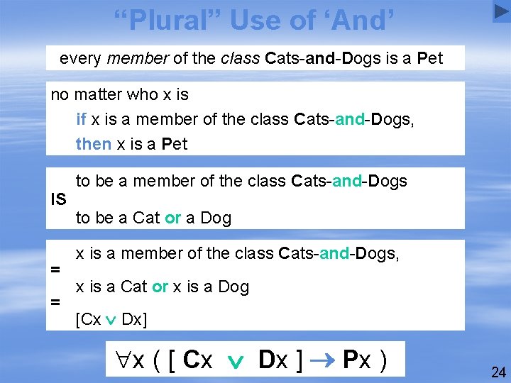 “Plural” Use of ‘And’ every member of the class Cats-and-Dogs is a Pet no