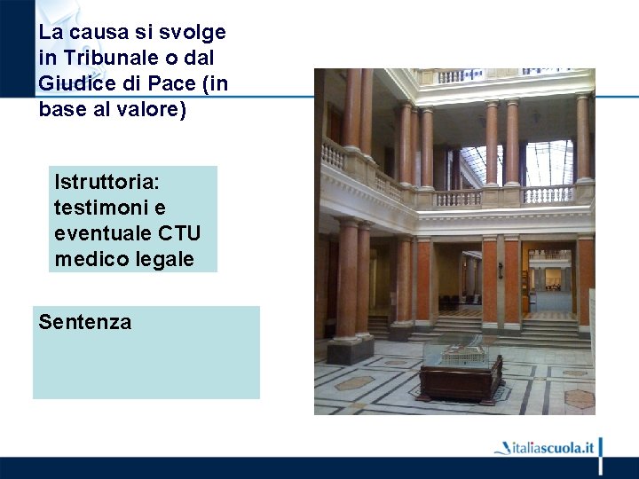 La causa si svolge in Tribunale o dal Giudice di Pace (in base al