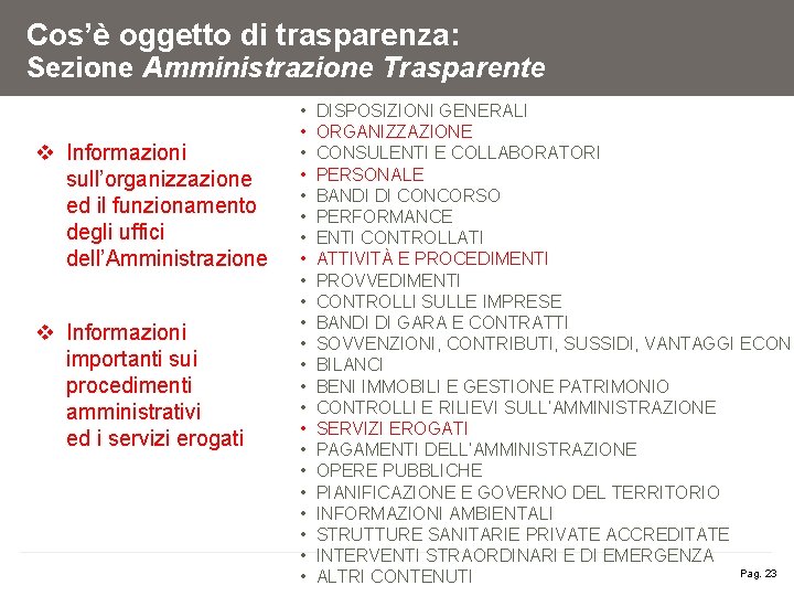 Cos’è oggetto di trasparenza: Sezione Amministrazione Trasparente v Informazioni sull’organizzazione ed il funzionamento degli