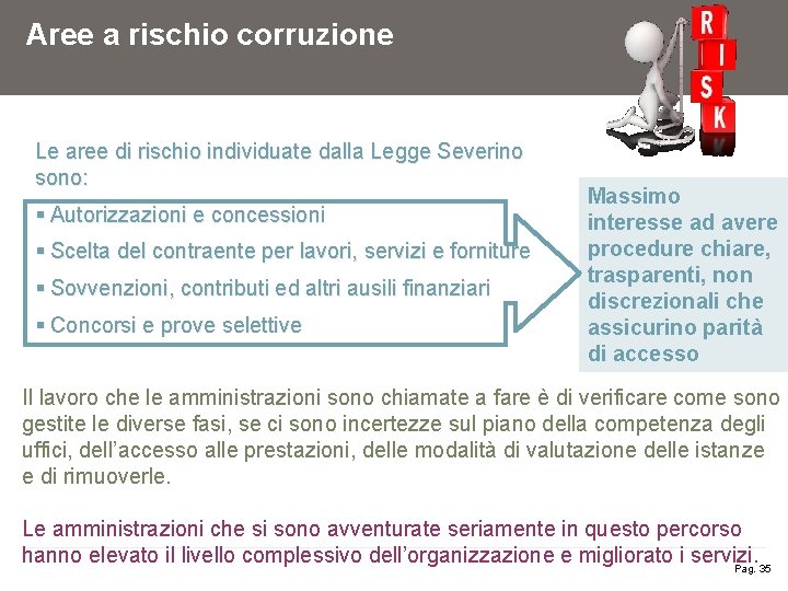 Aree a rischio corruzione Le aree di rischio individuate dalla Legge Severino sono: §