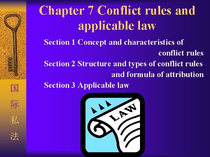 Chapter 7 Conflict rules and applicable law 国 际 私 法 Section 1 Concept