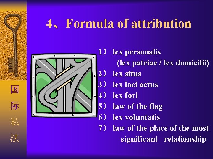 4、Formula of attribution 国 际 私 法 1） lex personalis (lex patriae / lex