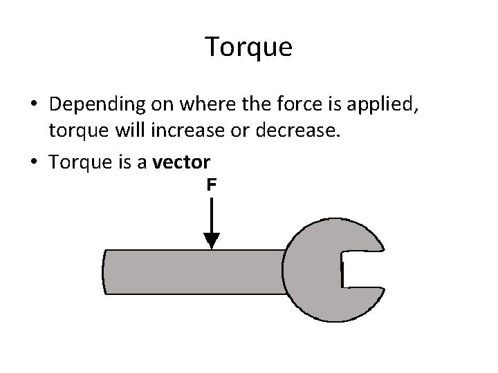 Torque • Depending on where the force is applied, torque will increase or decrease. Torque • Depending on where the force is applied, torque will increase or decrease.