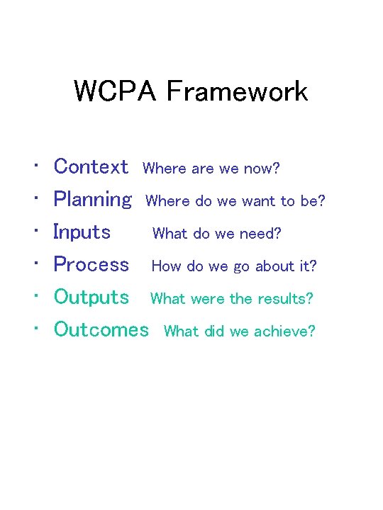 WCPA Framework • • • Context Where are we now? Planning Where do we