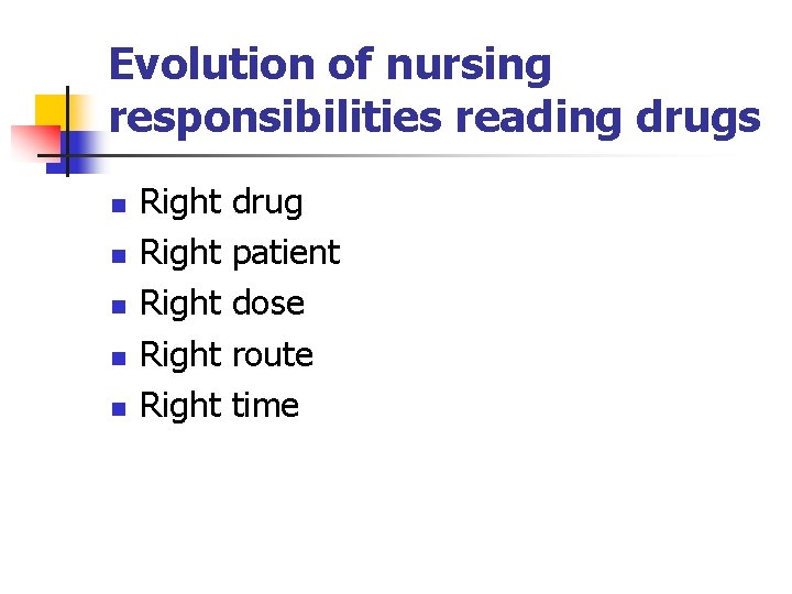 Evolution of nursing responsibilities reading drugs n n n Right Right drug patient dose