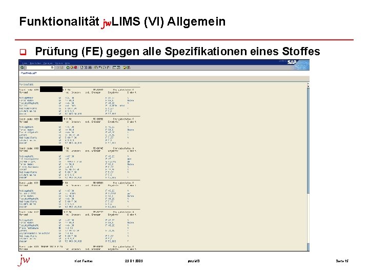 Funktionalität jw. LIMS (VI) Allgemein q jw Prüfung (FE) gegen alle Spezifikationen eines Stoffes