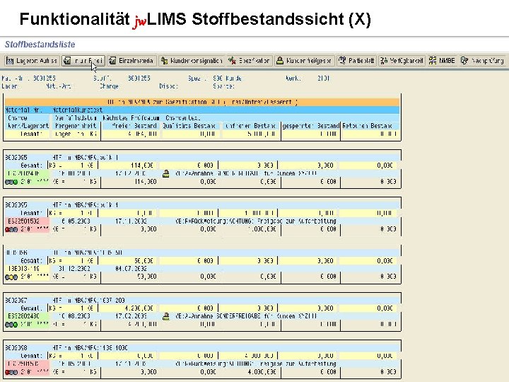 Funktionalität jw. LIMS Stoffbestandssicht (X) jw Kurt Fantes 23. 01. 2003 jw. LIMS Seite