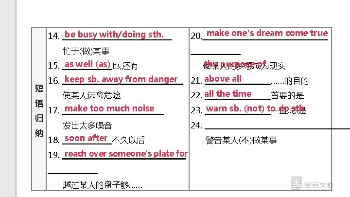 14. be busy with/doing sth. 20. make one's dream come true 忙于(做)某事 the purpose