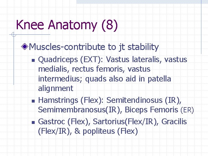 Knee Anatomy (8) Muscles-contribute to jt stability n n n Quadriceps (EXT): Vastus lateralis,