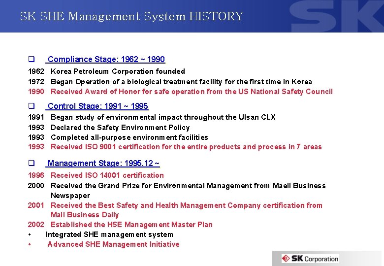SK SHE Management System HISTORY q Compliance Stage: 1962 ~ 1990 1962 Korea Petroleum