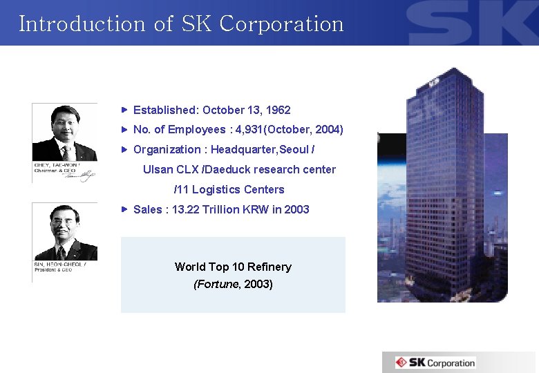 Introduction of SK Corporation ▶ Established: October 13, 1962 ▶ No. of Employees :