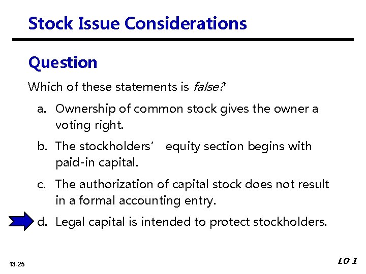 Stock Issue Considerations Question Which of these statements is false? a. Ownership of common