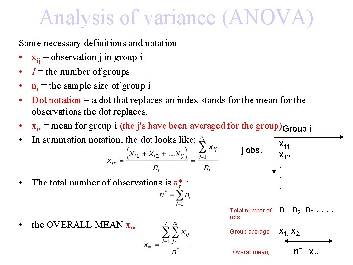 Analysis of variance (ANOVA) Some necessary definitions and notation • xij = observation j