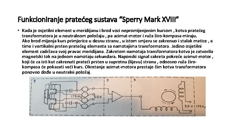 Funkcioniranje pratećeg sustava “Sperry Mark XVIII” • Kada je osjetilni element u meridijanu i