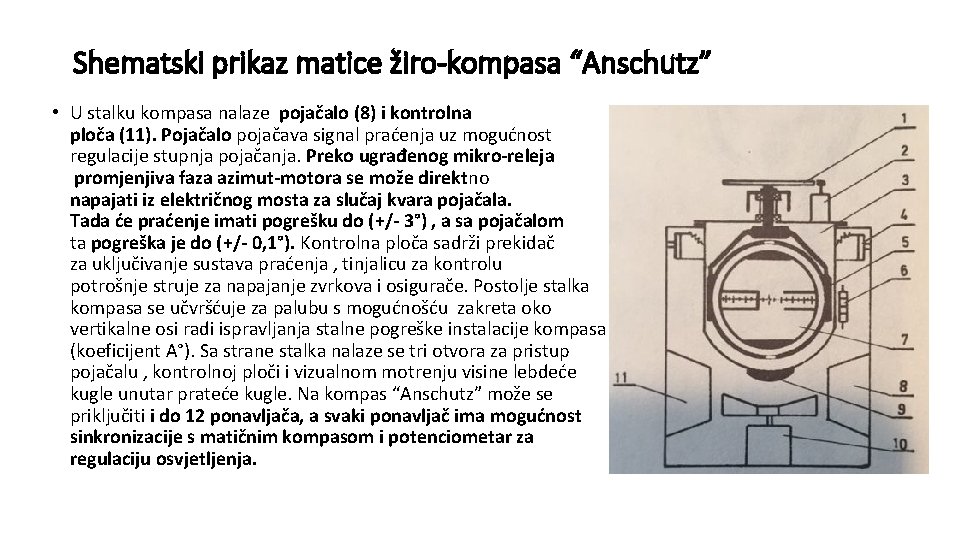 Shematski prikaz matice žiro-kompasa “Anschutz” • U stalku kompasa nalaze pojačalo (8) i kontrolna