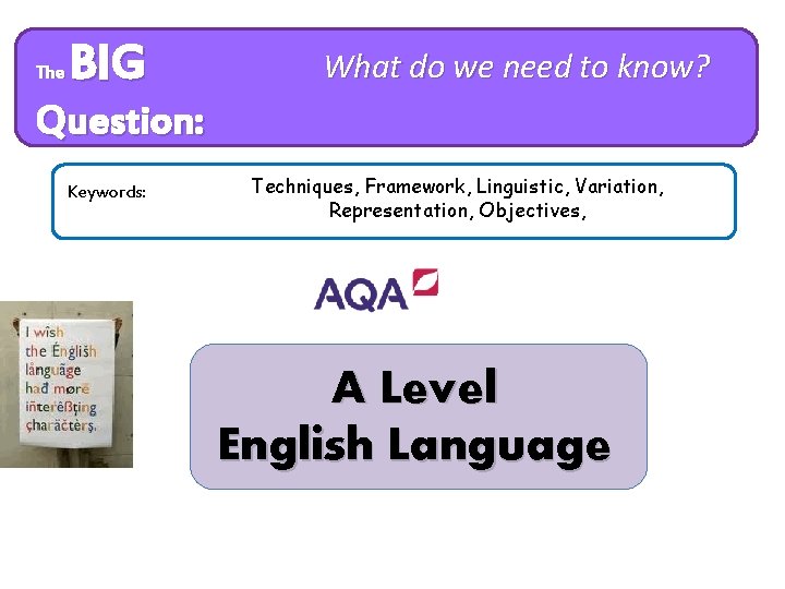 The BIG What do we need to know? Question: Keywords: Techniques, Framework, Linguistic, Variation,