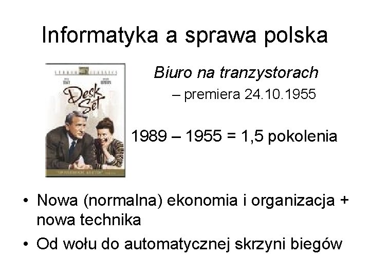 Informatyka a sprawa polska Biuro na tranzystorach – premiera 24. 10. 1955 1989 –