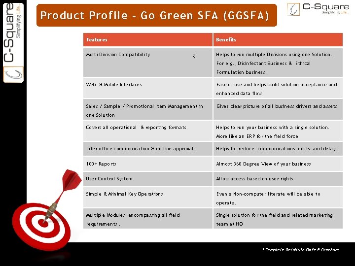 ON TARGET Product Profile – Go Green SFA (GGSFA) Features Multi Division Compatibility Benefits