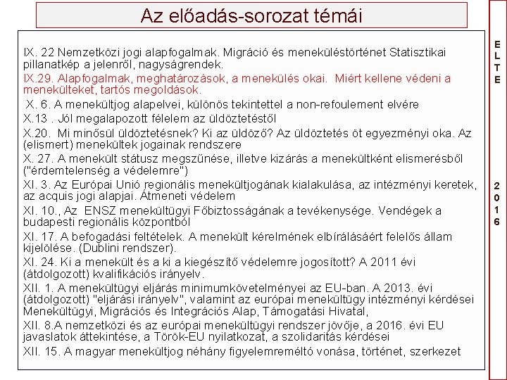 Az előadás-sorozat témái IX. 22 Nemzetközi jogi alapfogalmak. Migráció és meneküléstörténet Statisztikai pillanatkép a