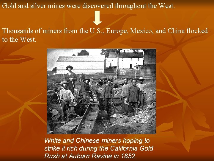 Gold and silver mines were discovered throughout the West. Thousands of miners from the