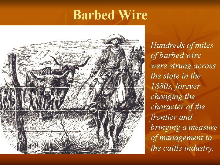 Barbed Wire Hundreds of miles of barbed wire were strung across the state in