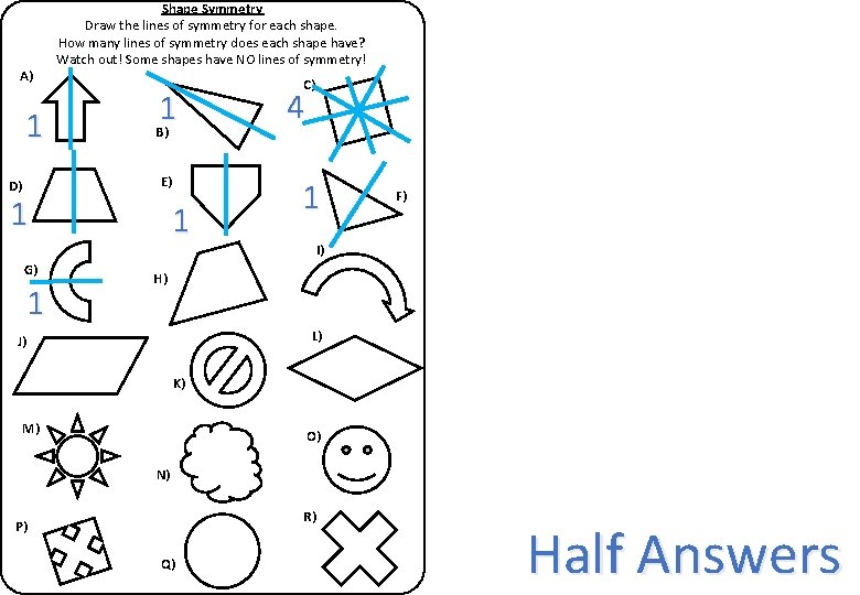 A) 1 Shape Symmetry Draw the lines of symmetry for each shape. How many
