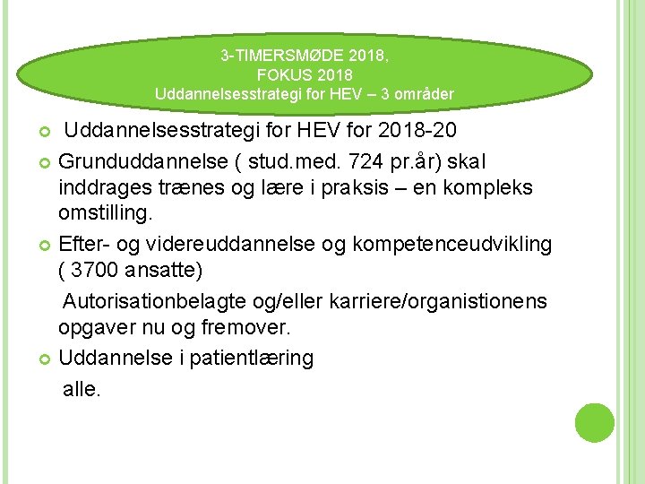 3 - 3 -TIMERSMØDE 2018, FOKUS 2018 TIMERSMØDE Uddannelsesstrategi for HEV – 3 områder