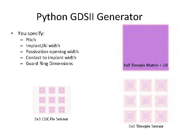 Python GDSII Generator • You specify: – – – Pitch Implant/Al width Passivation opening