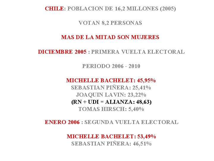 CHILE: POBLACION DE 16, 2 MILLONES (2005) VOTAN 8, 2 PERSONAS MAS DE LA