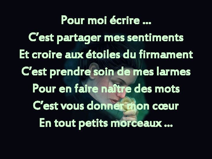 Pour moi écrire … C’est partager mes sentiments Et croire aux étoiles du firmament