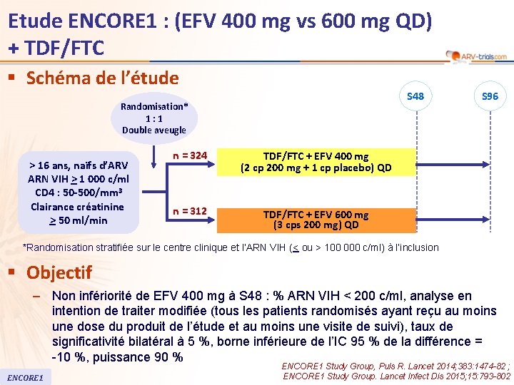 Etude ENCORE 1 : (EFV 400 mg vs 600 mg QD) + TDF/FTC §