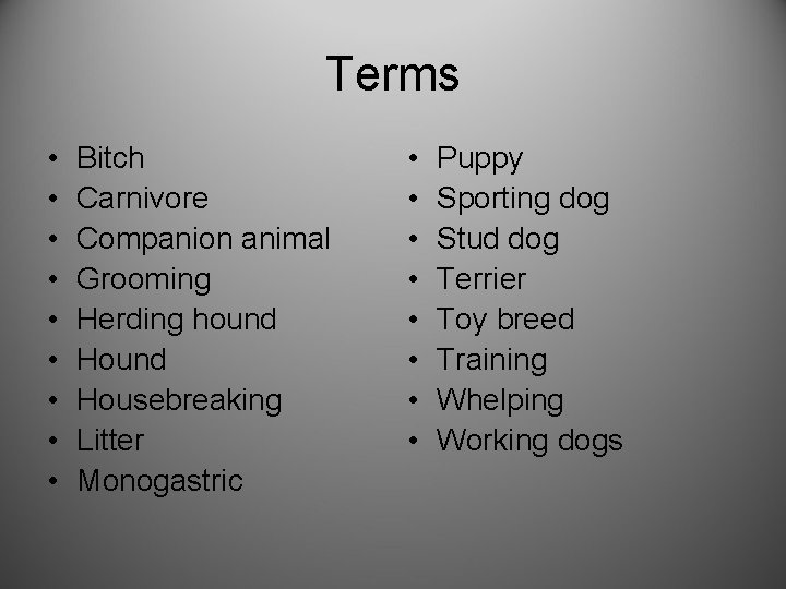 Terms • • • Bitch Carnivore Companion animal Grooming Herding hound Housebreaking Litter Monogastric