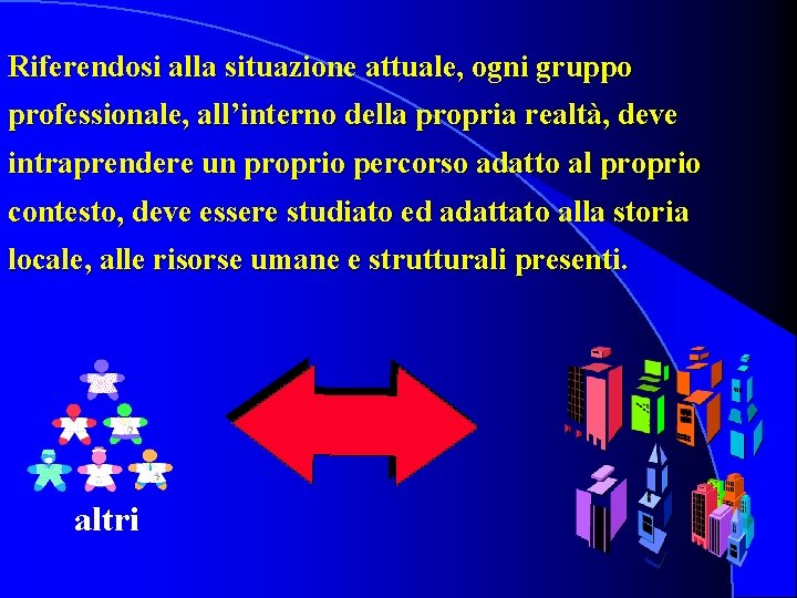 Riferendosi alla situazione attuale, ogni gruppo professionale, all’interno della propria realtà, deve intraprendere un