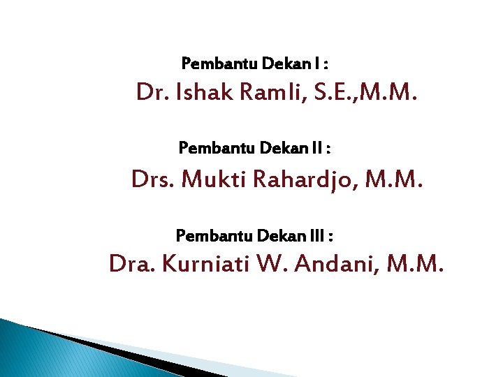 Pembantu Dekan I : Dr. Ishak Ramli, S. E. , M. M. Pembantu Dekan