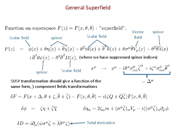 General Superfield Scalar field spinor Vector field spinor (where we have suppressed spinor indices) General Superfield Scalar field spinor Vector field spinor (where we have suppressed spinor indices)