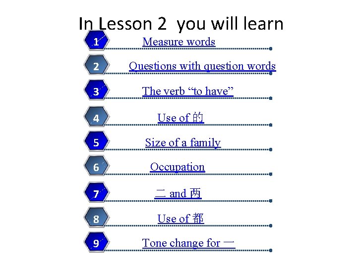 In Lesson 2 you will learn 1 2 3 Measure words Questions with question