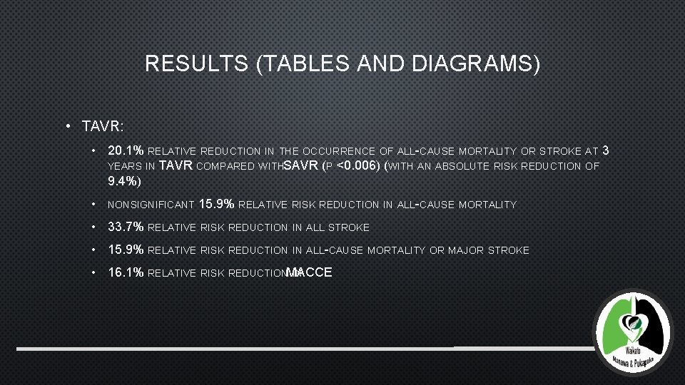 RESULTS (TABLES AND DIAGRAMS) • TAVR: • 20. 1% RELATIVE REDUCTION IN THE OCCURRENCE