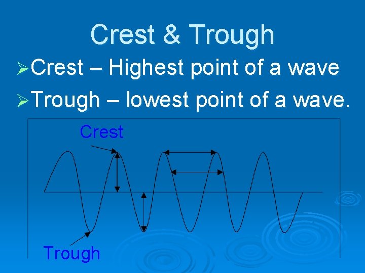 Crest & Trough ØCrest – Highest point of a wave ØTrough – lowest point