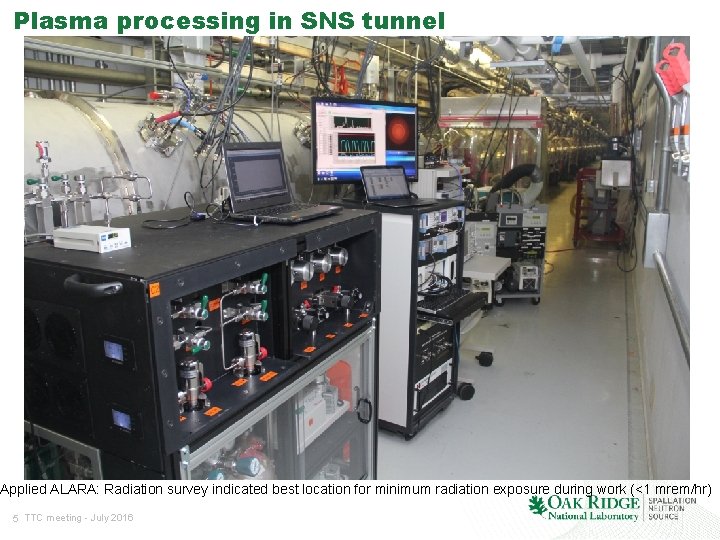 Plasma processing in SNS tunnel Applied ALARA: Radiation survey indicated best location for minimum