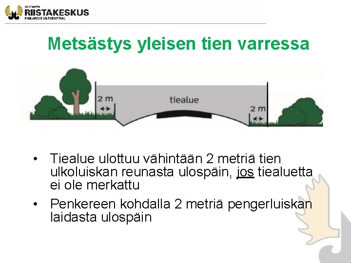 Metsästys yleisen tien varressa • Tiealue ulottuu vähintään 2 metriä tien ulkoluiskan reunasta ulospäin, Metsästys yleisen tien varressa • Tiealue ulottuu vähintään 2 metriä tien ulkoluiskan reunasta ulospäin,