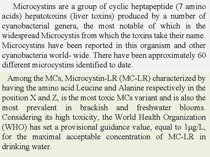 Microcystins are a group of cyclic heptapeptide (7 amino acids) hepatotoxins (liver toxins) produced