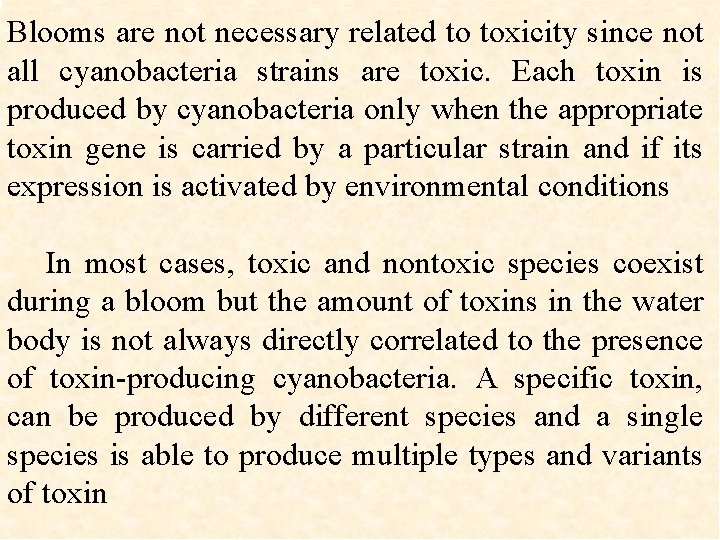 Blooms are not necessary related to toxicity since not all cyanobacteria strains are toxic.