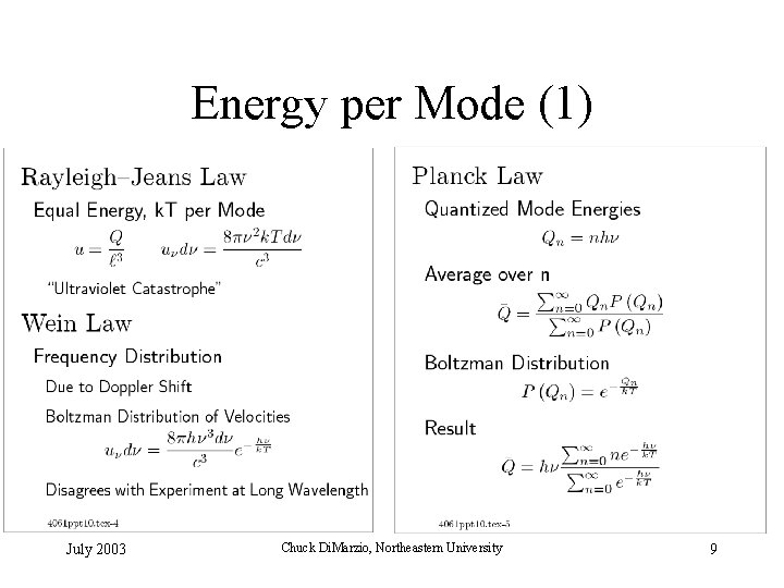 Energy per Mode (1) July 2003 Chuck Di. Marzio, Northeastern University 9 