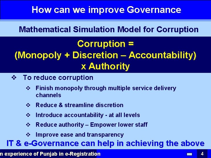 How can we improve Governance Mathematical Simulation Model for Corruption = (Monopoly + Discretion