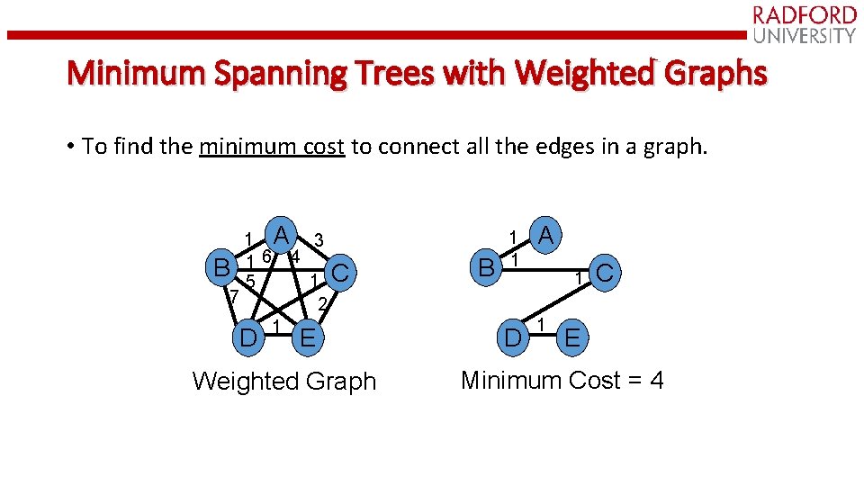 Minimum Spanning Trees with Weighted Graphs • To find the minimum cost to connect