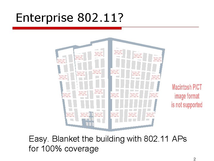 Enterprise 802. 11? Easy. Blanket the building with 802. 11 APs for 100% coverage