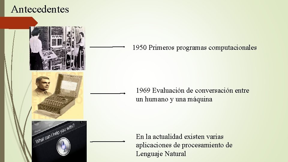 Antecedentes 1950 Primeros programas computacionales 1969 Evaluación de conversación entre un humano y una