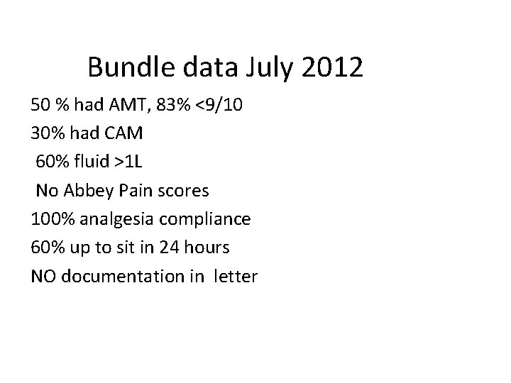 Bundle data July 2012 50 % had AMT, 83% <9/10 30% had CAM 60%