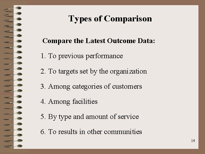 Types of Comparison Compare the Latest Outcome Data: 1. To previous performance 2. To